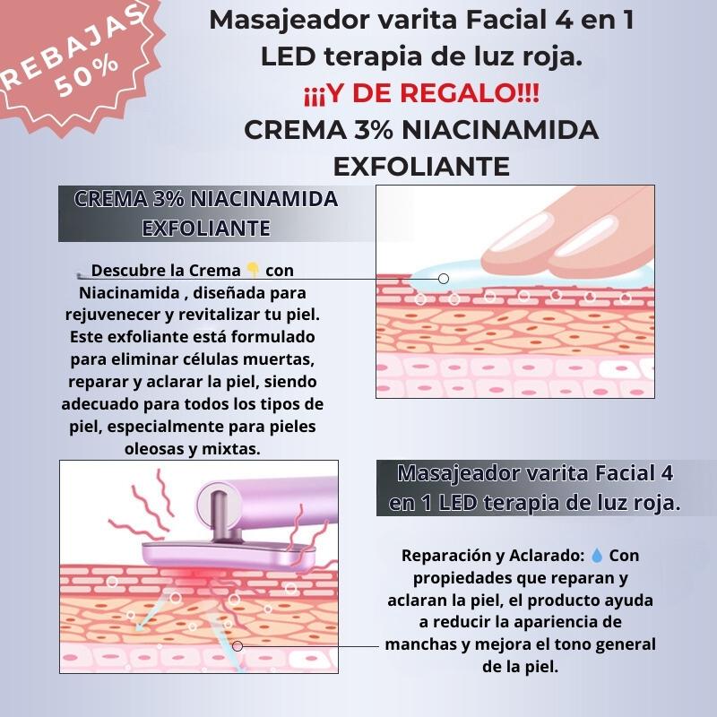 PACK MASAJEADOR NATURALBEAUTY 4 EN 1 LED + CREMA 3% NIACINAMIDA EXFOLIANTE